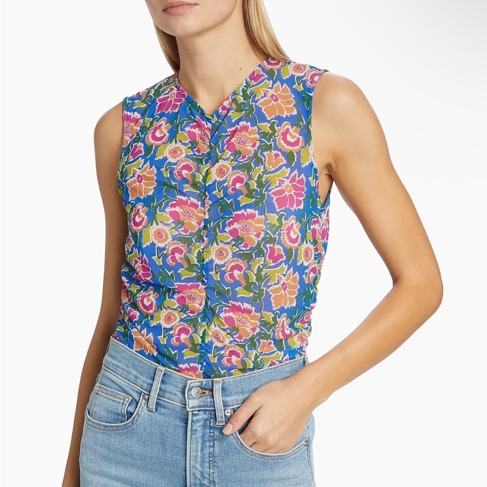 Veronica Beard Tazmin Ruched Floral Mesh Top Size 8
